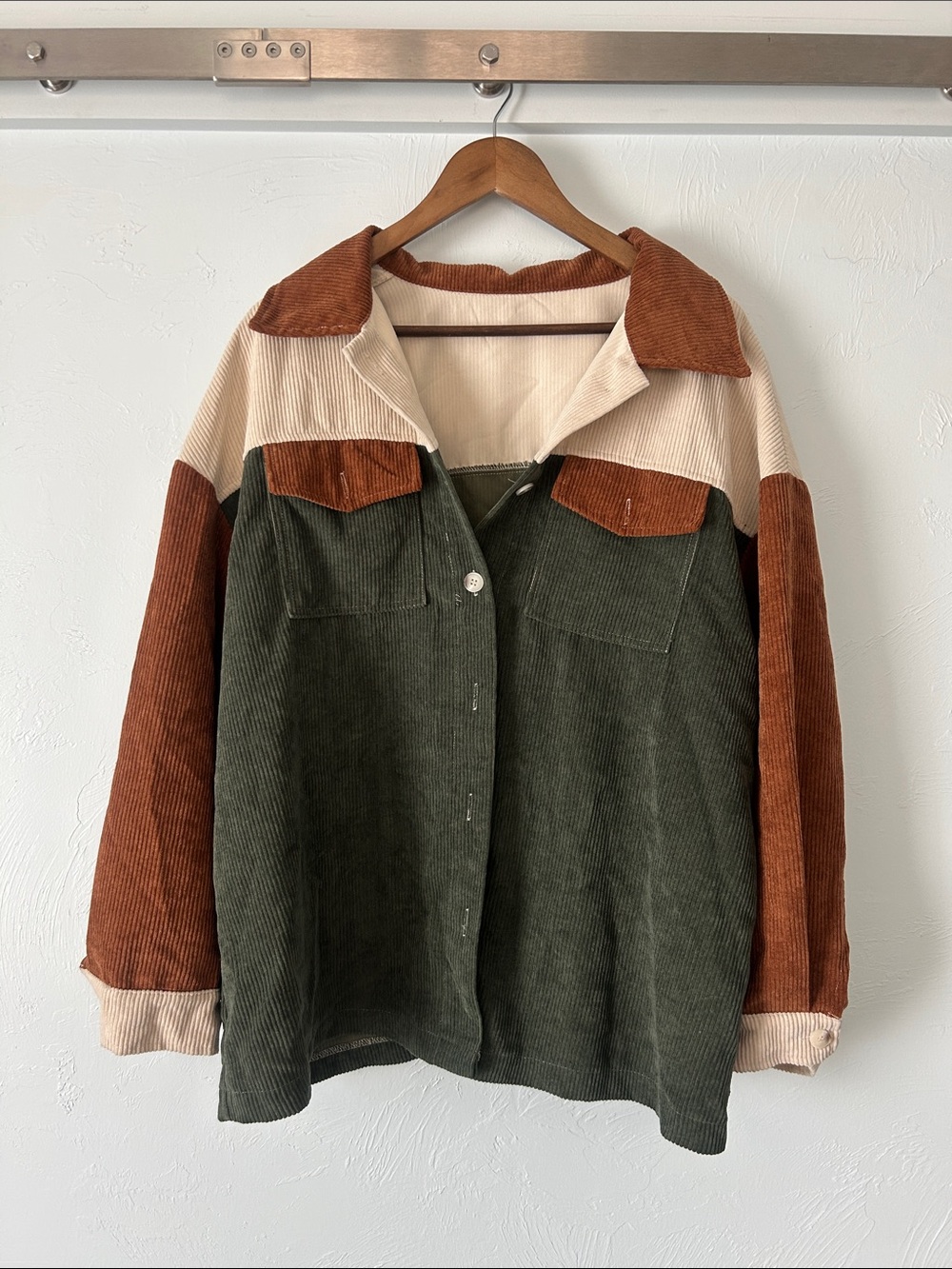 Olive, Cream & Brown Corduroy Colorblock Utility Jacket